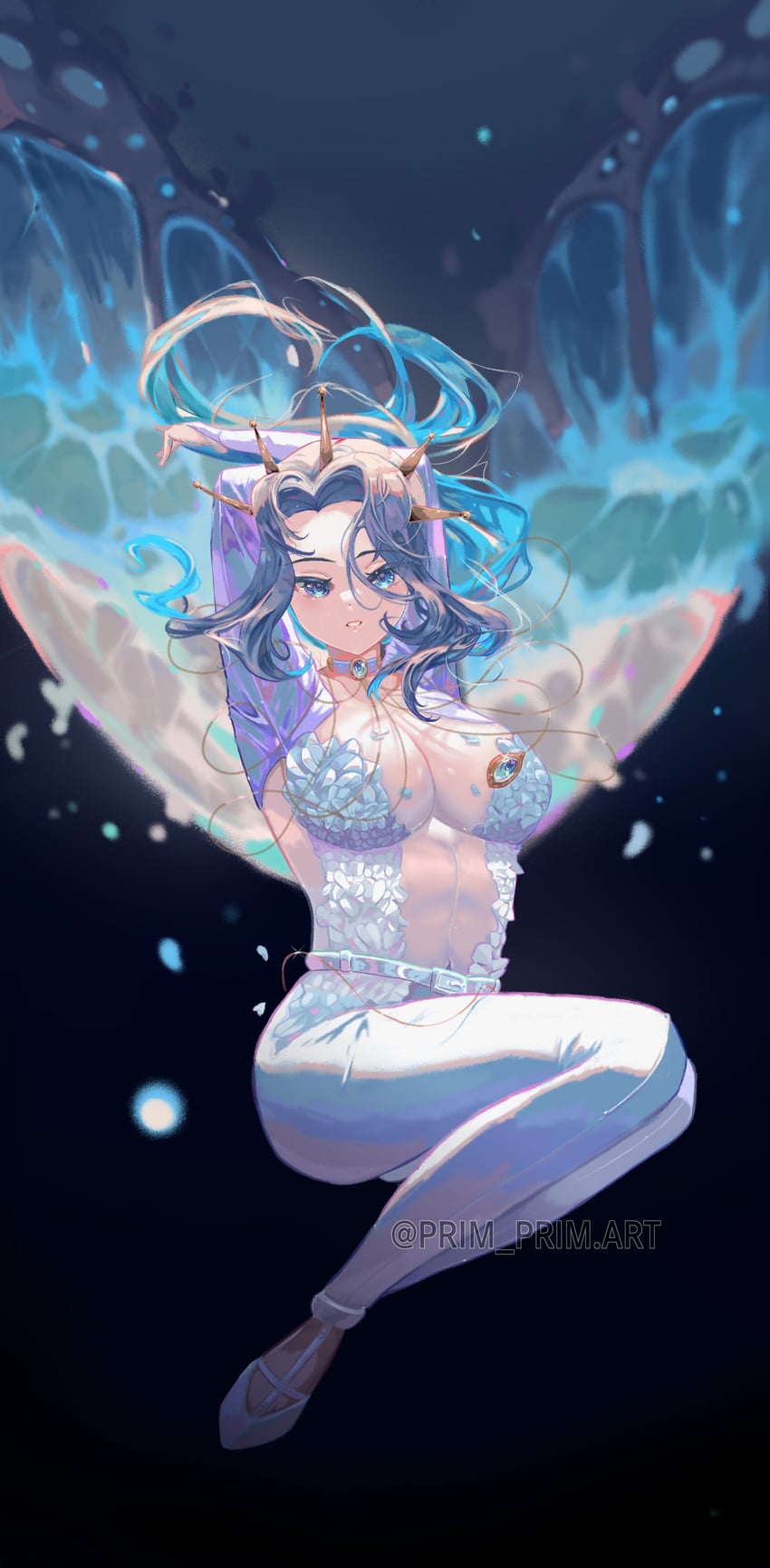 个人势虚拟主播、Monarch (Amalee)、莫纳克·阿玛莉 (第一套服装) 1名女孩 蓝眼 蓝发 蓝色花瓣 乳房