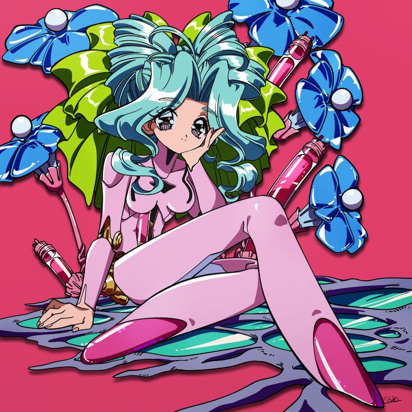 原创、ribbon-chan (yo-co) 90年代风格 1名女孩 机器人 水色发 黑瞳