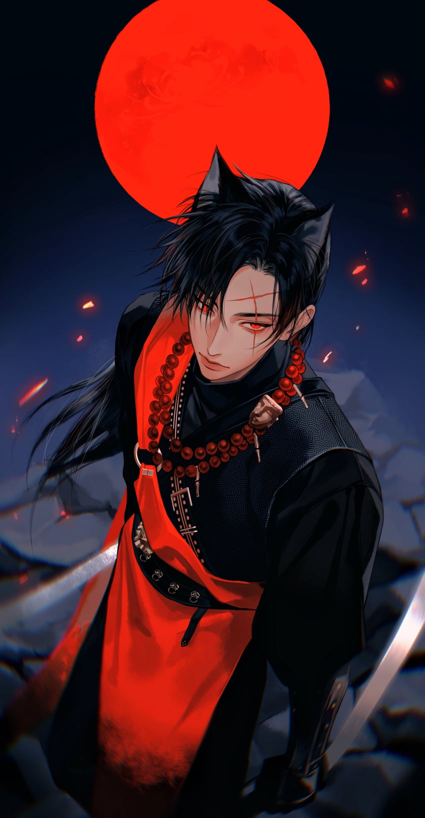 原创 1名男孩 兽耳 黑发 黑衬衫 猫耳