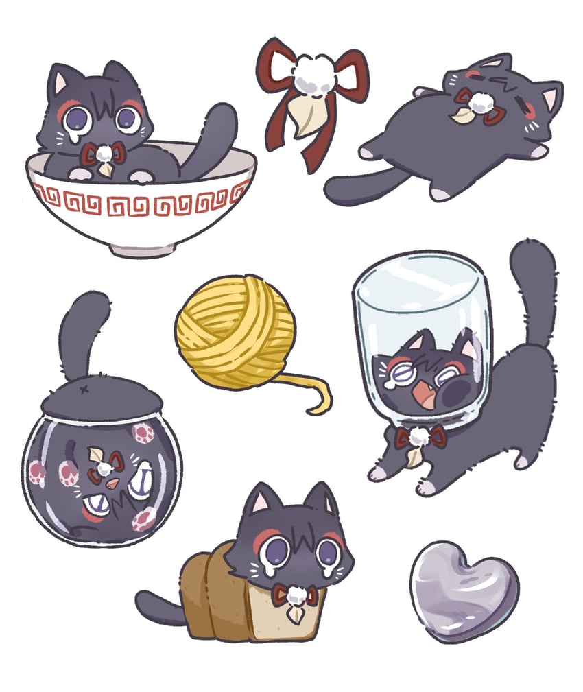 原神、流浪者 (猫) (原神)、散兵 (原神) 动物化 黑猫 碗 面包 猫